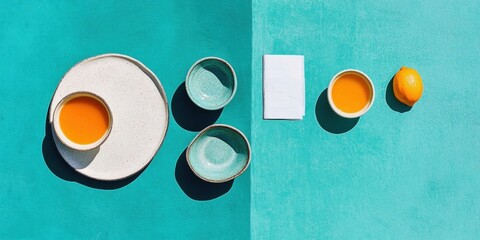 Aufkleber - Minimalist Morning Ritual Geometric Color-Block Wellness Styling with Ceramic Vessels - Contemporary Lifestyle for Mindful Branding Narratives