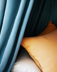Poster - Soft Minimalism Tranquil Interior Design Featuring Elegant Blue Curtain and Warm Golden Textural Composition - Contemporary Home Styling Aesthetic