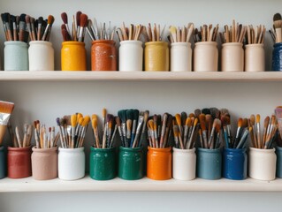 Aufkleber - Aesthetic Workspace Harmony Minimalist Artist Studio Organization with Colorful Ceramic Brush Containers - Creative Professional Productivity Essentials
