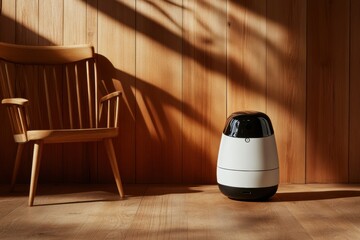 Aufkleber - Minimalist AI Home Companion Smart Robotic Assistant in Warm Wooden Interior - Next-Gen Living Technology Redefining Domestic Automation and Personal Space