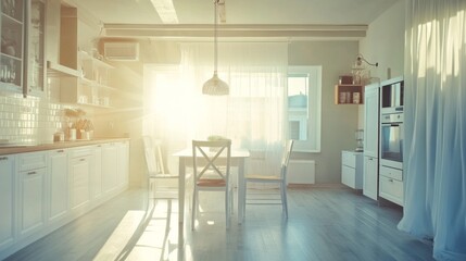 Aufkleber - sunlight streams through the windows of a contemporary kitchen, illuminating the crisp white cabinet