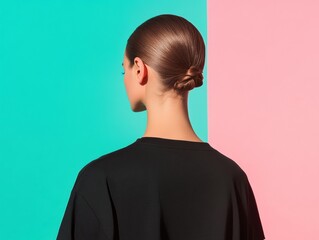 Aufkleber - Minimalist Gen Z Fashion Portrait Sleek Updo and Black Tee Against Vibrant Color Block - Contemporary Personal Branding and Digital Identity Visual