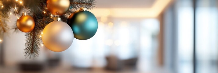 Aufkleber - Luxe Festive Marketing Panorama Metallic Christmas Ornaments in Soft Focus - Elegant Holiday Branding Imagery for Corporate Storytelling and Digital Seasonal Campaigns