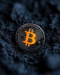 Aufkleber - Decentralized Digital Frontier Vibrant Bitcoin Symbol Emerging from Dark Technological Landscape - Innovative Blockchain Visuals for Fintech Investors and Crypto Enthusiasts