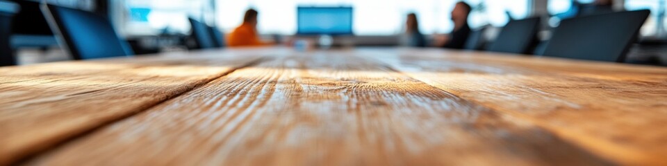 Poster - Hybrid Workspace Dynamics Textured Wood Grain Conference Table with Blurred Collaborative Tech Environment - Modern Professional Engagement and Adaptive Workplace Innovation