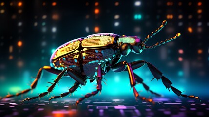 Poster - A digital bug moving across a grid of binary code, symbolizing software testing, glitchy atmosphere, vivid neon colors, high-tech digital composition