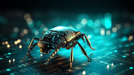 Poster - A digital bug moving through rows of binary code, representing software testing, glitchy background, ultra-sharp focus, cyberpunk style