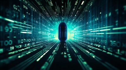 Poster - A digital bug moving through rows of binary code, representing software testing, glitchy background, ultra-sharp focus, cyberpunk style