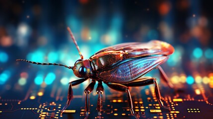Poster - A digital insect on a background of flowing binary code, symbolizing the process of software testing, vibrant neon colors, hyper-realistic, futuristic tech aesthetic