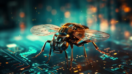 Poster - A digital insect on a background of flowing binary code, symbolizing the process of software testing, vibrant neon colors, hyper-realistic, futuristic tech aesthetic