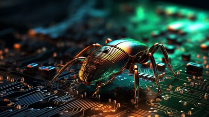 Poster - A software bug amidst flowing binary code, illustrating debugging process, high-tech digital background, neon glowing characters, ultra-realistic textures