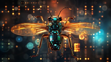 Poster - A digital insect on a background of flowing binary code, symbolizing the process of software testing, vibrant neon colors, hyper-realistic, futuristic tech aesthetic