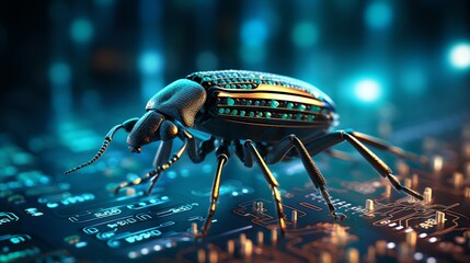 Aufkleber - Close-up of a bug on a binary code background, symbolizing the challenges of software debugging and testing, high-resolution, glitchy digital patterns, cinematic lighting