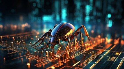 Aufkleber - A software bug amidst flowing binary code, illustrating debugging process, high-tech digital background, neon glowing characters, ultra-realistic textures