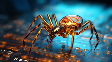 Poster - Close-up of a bug on a stream of binary code, representing software debugging, glowing numbers, high-tech interface, macro shot, sharp details
