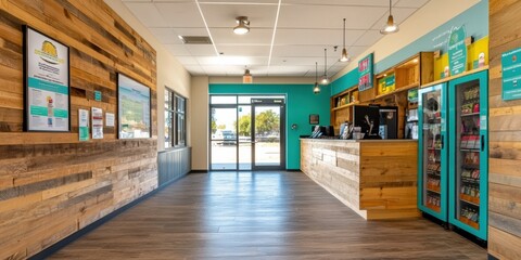 Aufkleber - Modern Eco-Wellness Interior Sustainable Retail Design with Reclaimed Wood, Vibrant Teal Accents and Clean Commercial Aesthetic for Next-Gen Consumer Experiences