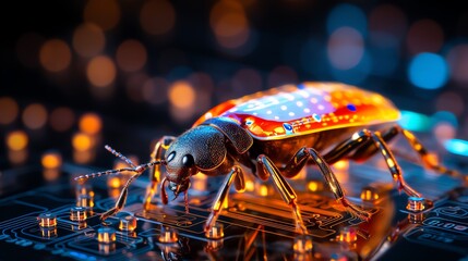 Poster - Close-up of a bug on a stream of binary code, representing software debugging, glowing numbers, high-tech interface, macro shot, sharp details