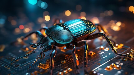 Poster - Close-up of a bug on binary code, representing coding errors and software testing, glowing digital numbers, ultra-realistic, futuristic tech scene