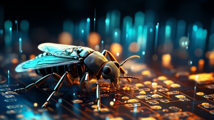 Poster - Close-up of a bug on binary code, representing coding errors and software testing, glowing digital numbers, ultra-realistic, futuristic tech scene