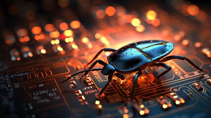 Poster - Close-up of a bug on binary code, representing coding errors and software testing, glowing digital numbers, ultra-realistic, futuristic tech scene