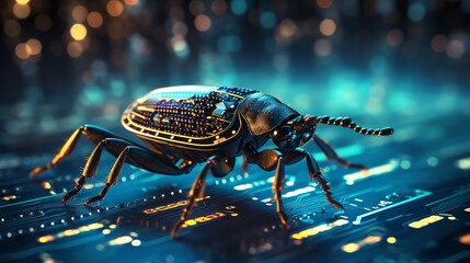 Poster - Close-up of a bug on scrolling binary code, representing software debugging, intricate code patterns, glowing neon digits, ultra-detailed, futuristic tech setting