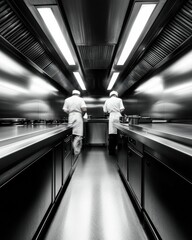 Leinwandbilder - Hypermodern Culinary Innovation Monochromatic Precision Engineering in Professional Kitchen Design - High-Performance Food Service Workflow Optimization