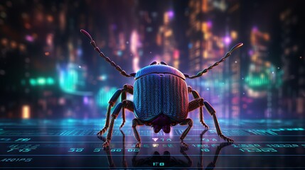 Aufkleber - A bug crawling across a screen filled with binary code, symbolizing the search for flaws in software testing, neon lights, ultra-detailed, high-tech atmosphere