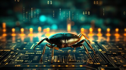Aufkleber - A bug crawling across a screen filled with binary code, symbolizing the search for flaws in software testing, neon lights, ultra-detailed, high-tech atmosphere
