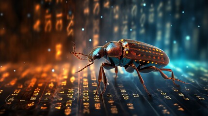Aufkleber - A bug crawling on binary code, symbolizing software testing and debugging, detailed digital background, glowing binary numbers, hyper-realistic, cinematic lighting