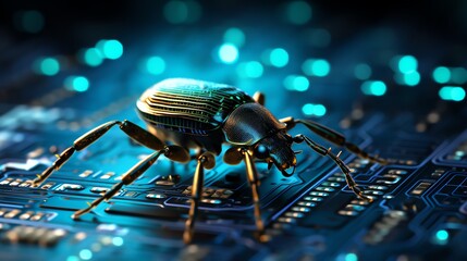 Aufkleber - A bug crawling on binary code, symbolizing software testing and debugging, detailed digital background, glowing binary numbers, hyper-realistic, cinematic lighting