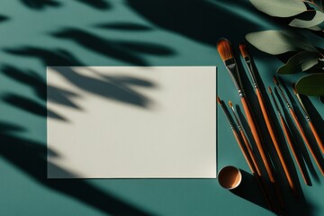 Poster - Minimalist Creative Studio Aesthetic Paintbrush Arrangement with Botanical Shadows - Artistic Workspace Design for Modern Content Creators and Visual Professionals