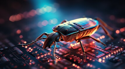 Fototapete - A bug crawling on glowing binary code, symbolizing software testing and debugging, high-tech digital environment, neon code, ultra-detailed, cinematic lighting