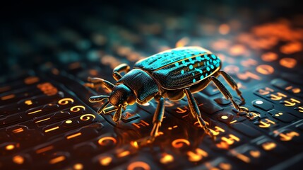 Aufkleber - A bug crawling through streaming binary code, representing the need for precision in software testing, high-definition, digital realism, neon glow