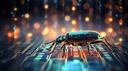 Aufkleber - A bug crawling through streaming binary code, representing the need for precision in software testing, high-definition, digital realism, neon glow