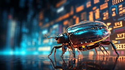 Aufkleber - A bug crawling through streaming binary code, representing the need for precision in software testing, high-definition, digital realism, neon glow