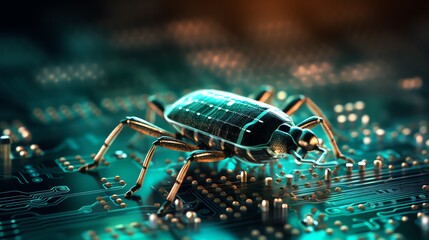 Aufkleber - A bug in the middle of binary code, symbolizing the role of software testing and debugging, detailed digital background, bright glowing code, sharp focus