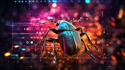 Leinwandbilder - A bug on a digital screen with cascading binary code, illustrating the complexity of software debugging, vibrant neon hues, high-tech environment