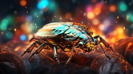 Aufkleber - A bug on a glowing digital circuit board with flowing binary code, representing the intricacies of software debugging, vibrant colors, futuristic aesthetics