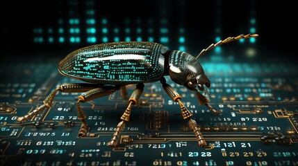 Poster - A bug perched on flowing binary digits, symbolizing software debugging and testing, glowing code streams, high-tech sci-fi design, highly detailed