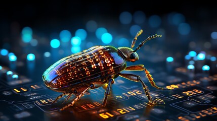 Poster - A bug perched on flowing binary digits, symbolizing software debugging and testing, glowing code streams, high-tech sci-fi design, highly detailed