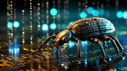 Poster - A bug perched on flowing binary digits, symbolizing software debugging and testing, glowing code streams, high-tech sci-fi design, highly detailed