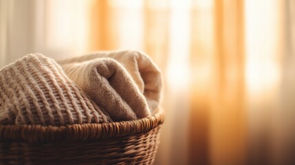 Poster - Cozy Minimalist Comfort Soft Woven Wool Blankets in Artisanal Basket - Hygge Lifestyle Wellness Design for Modern Home Sanctuary
