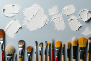 Poster - Minimalist Art Supply Showcase Textured White Paint Strokes and Professional Brushes - Creative Workspace Inspiration for Modern Artistic Expression