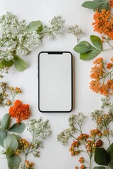Aufkleber - Ethereal Digital Mockup Minimalist Smartphone with Botanical Arrangement - Organic Tech Branding for Wellness-Focused Digital Content Creation
