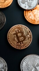 Aufkleber - Futuristic Crypto Investment Visualization Golden Bitcoin on Reflective Surface - Next-Gen Digital Finance Branding for Fintech Innovators and Blockchain Entrepreneurs