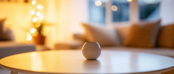 Poster - Minimalist Hygge Design Soft Golden Bokeh Sphere on Modern Coffee Table - Scandinavian Wellness Aesthetic for Mindful Home Styling and Ambient Lifestyle Content