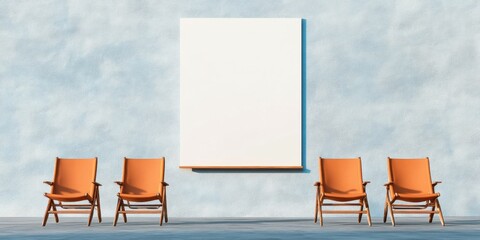 Poster - Minimalist Hybrid Workspace Ergonomic Collaborative Design with Mid-Century Modern Chairs, Adaptive Presentation Screen for Flexible Corporate Environments
