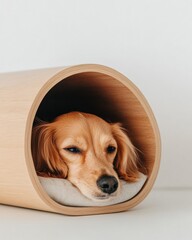 Poster - Minimalist Pet Haven Curved Wooden Sanctuary Redefining Modern Pet Comfort with Scandinavian-Inspired Design and Ergonomic Wellness Nook