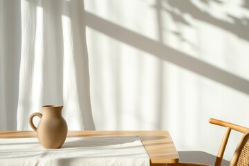 Poster - Japandi Minimalist Home Decor Sun-Drenched Neutral Aesthetic with Ceramic Pottery and Organic Wooden Furniture - Serene Lifestyle Interior Design Inspiration