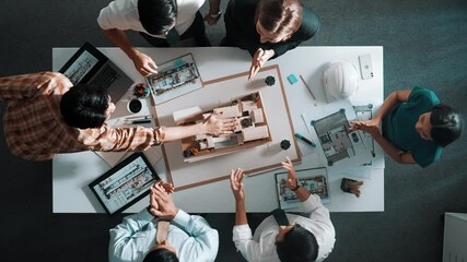Poster - top view of smart manager clapping hands and putting hands together to celebrate project. aerial vie
